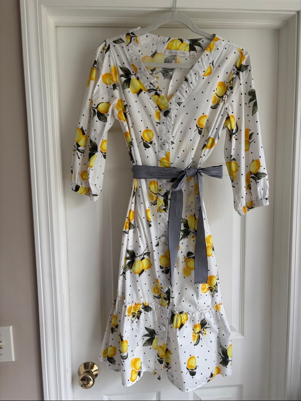 Vintage White Lemon Print Button-Front Cotton Dress